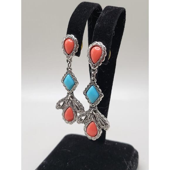 Turquoise Coral Cabochon Dangle Earrings Silver Tone Vintage Style - Picture 3 of 7
